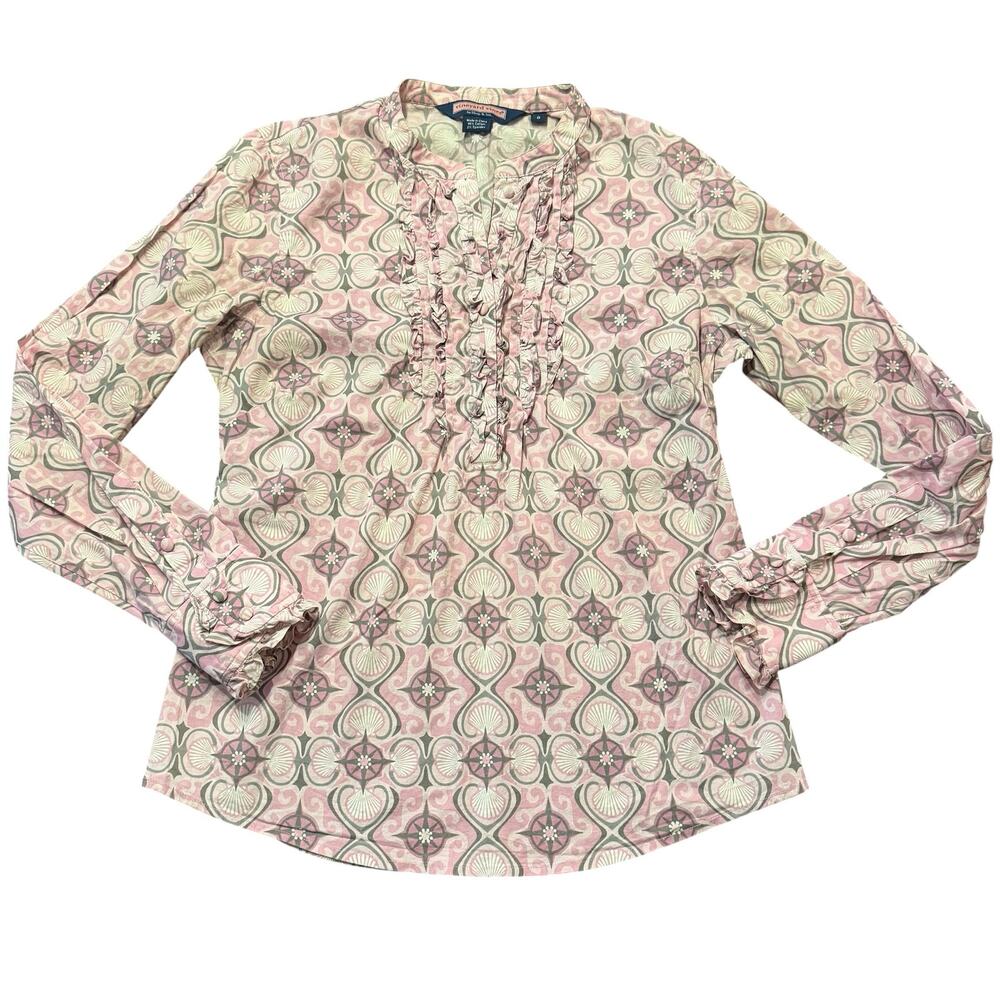 Vineyard Vines pink half button down shirt, ruffles, shells, stars, cotton, 0